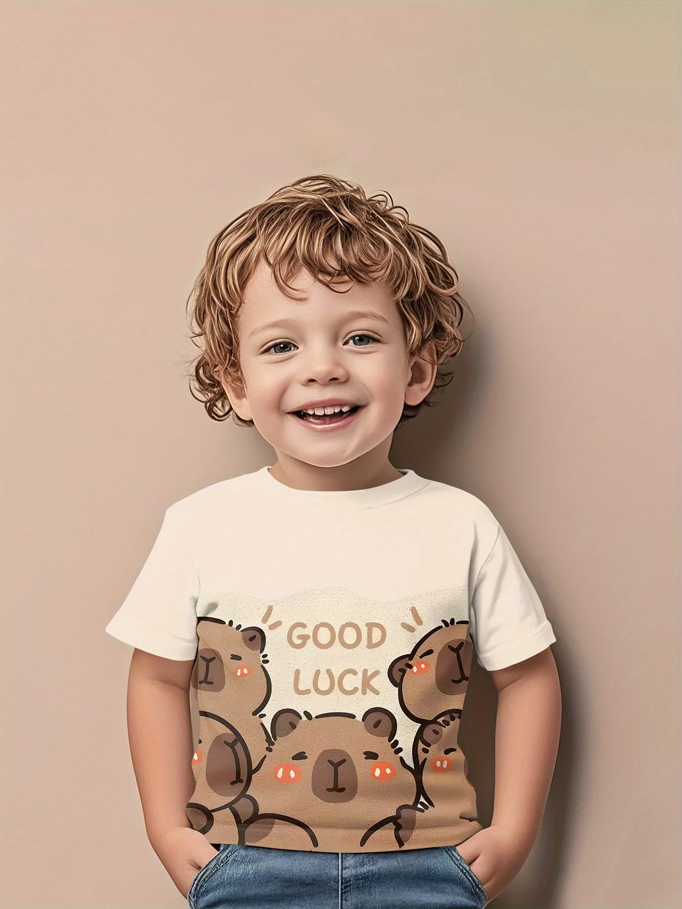 Boys Girls Trendy Animal Tee Shirt, Cute Capybara With Good Luck Text Print Short Sleeve Crew Neck Kids T-Shirt