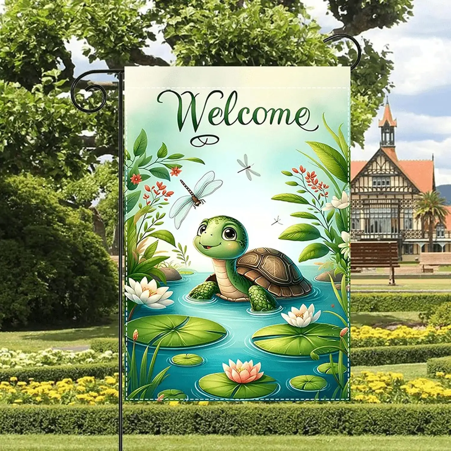 CHAONENG Welcome Spring Summer Green Floral Welcome Garden Flag 12x18 Inch Double Sided Outside Turtle Dragonfly Seasonal Fa uui