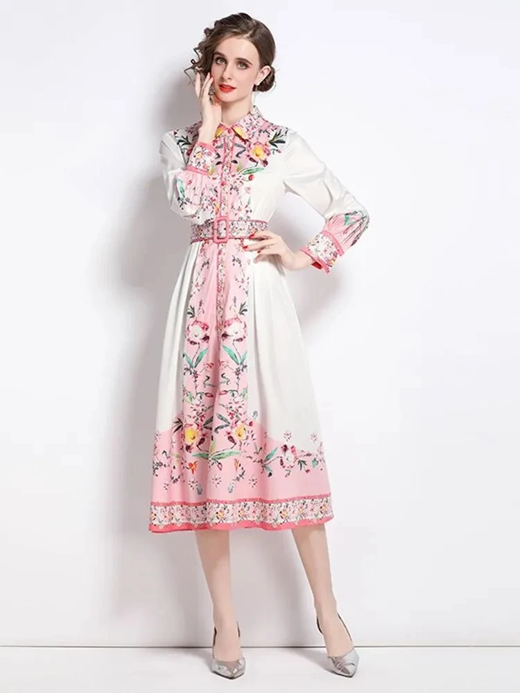 여성용 보호 꽃 드레스, 라펠 칼라, 긴팔, 꽃 프린트 파티, 해변 미디 드레스, 벨트 포함, 2023 용수철 가을