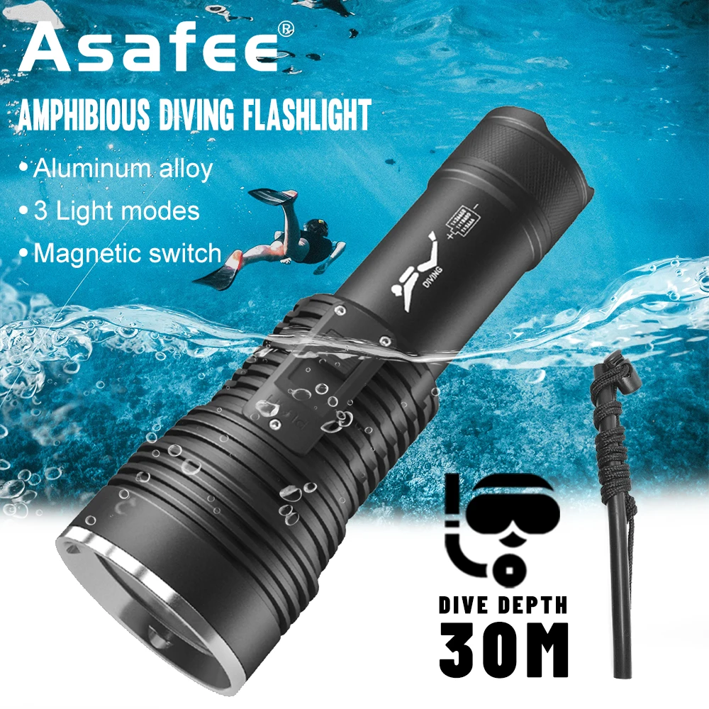 Asafee Scuba Diving Flashlight LED Snorkel Torch Underwater Phreatic Lamp Waterproof Lantern Strong Light Exploration Amphibious