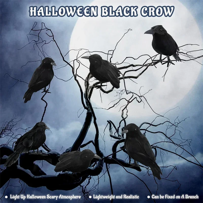 Halloween schwarze Krähen, realistische gefiederte Krähe, Raben-Requisite für Halloween-Party-Dekoration im Innenbereich