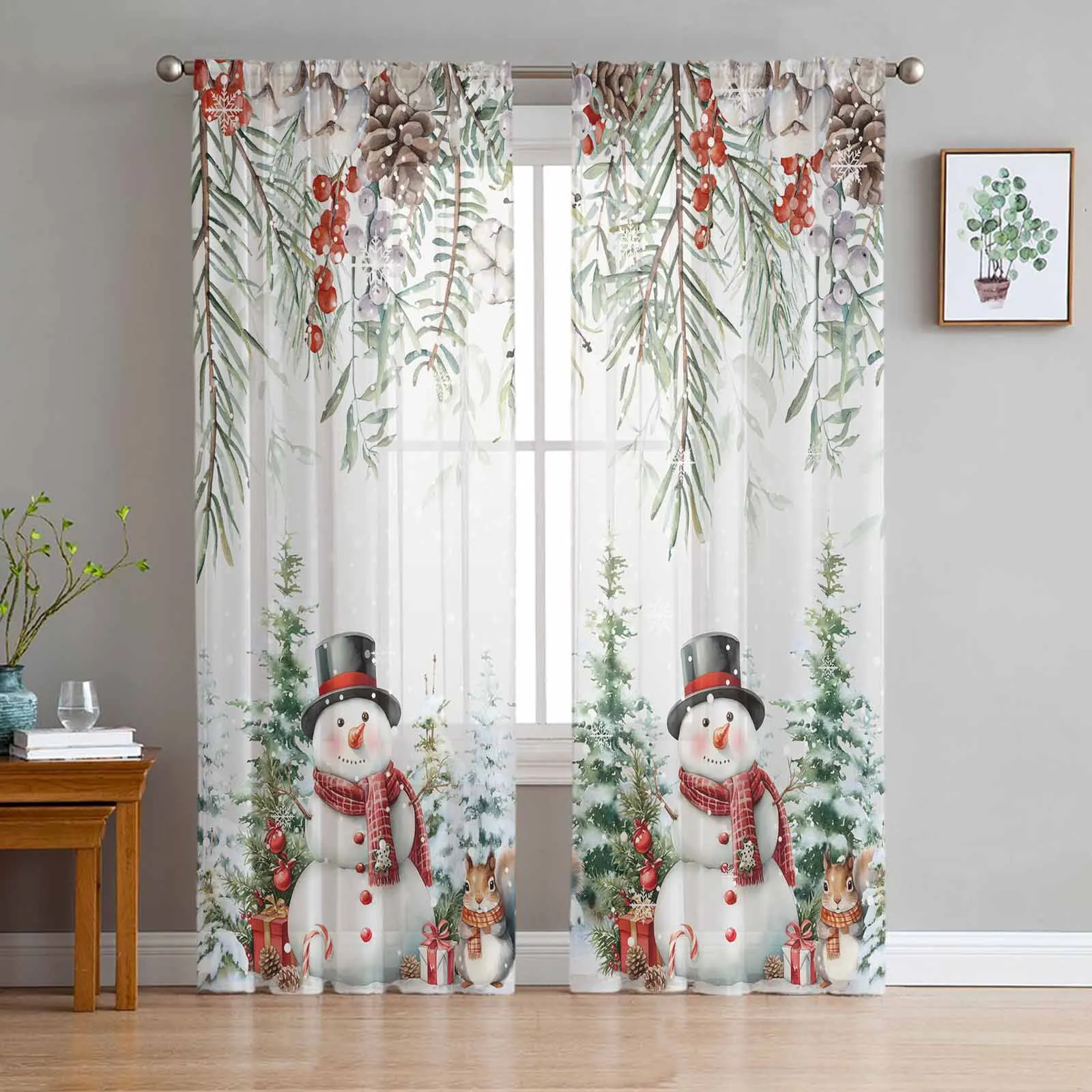 Christmas Berry Pine Snowman Tree Squirrel Window Treatment Tulle Modern Sheer Curtains for Kitchen Living Room Curtains Decor