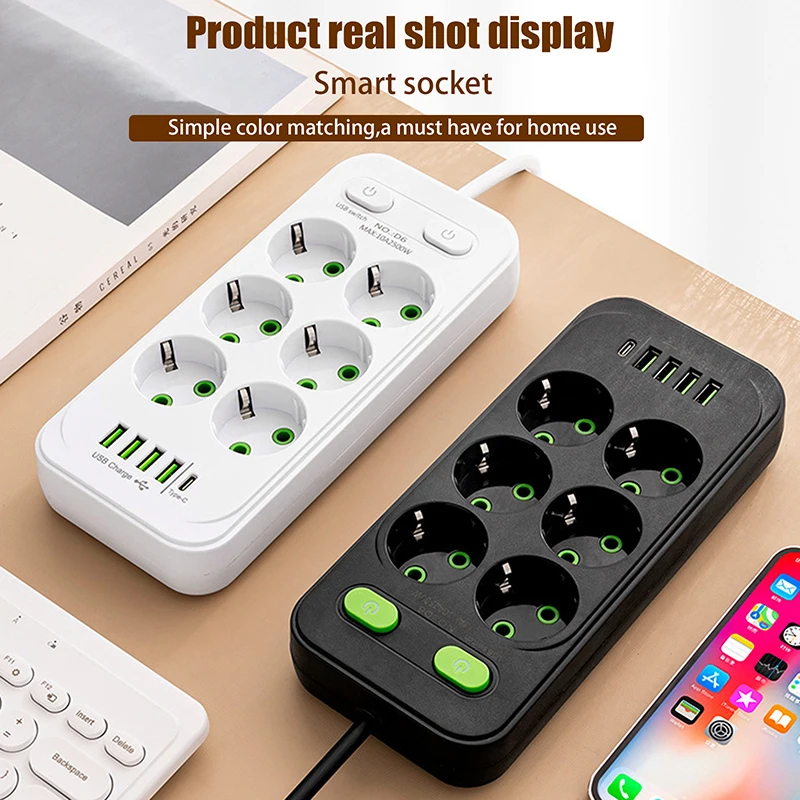 

Power Adapter with EU Plug, Multiple Outlets, 2M Cord, USB-C Fast Charge, and Internet Filter