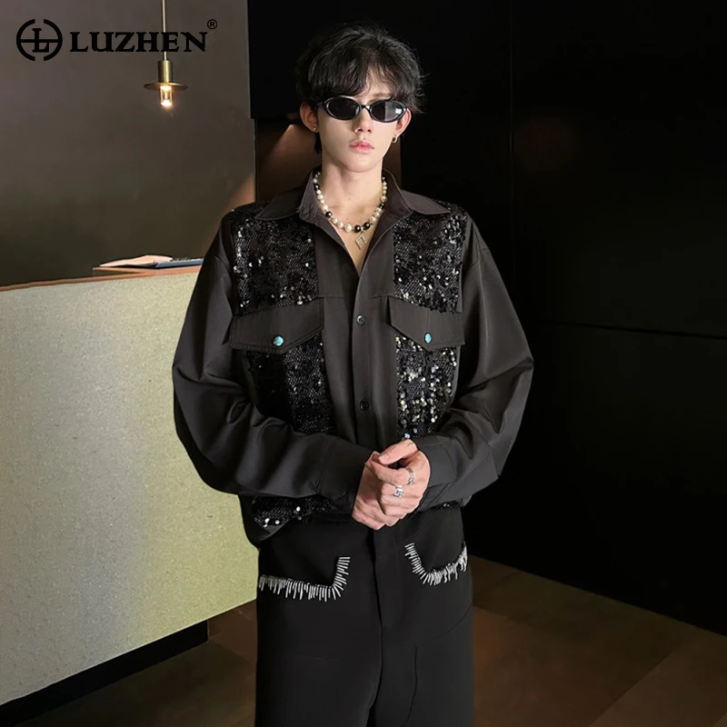 

LUZHEN лоскутные рубашки с длинными рукавами и блестками, мужская модная оригинальная уличная повседневная одежда, осень 2024, красивые топы JY4366