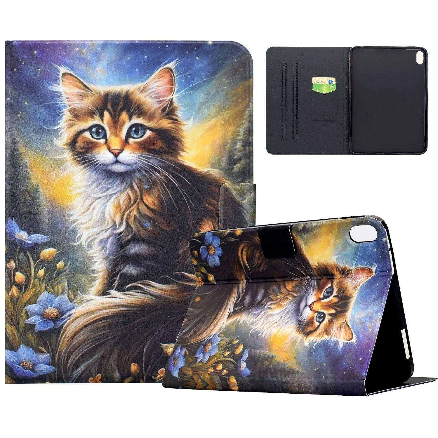 For Samsung Galaxy Tab S11 Case Pattern Printing Stand Leather Tablet Cover with Card Slots - Starry Night Cat