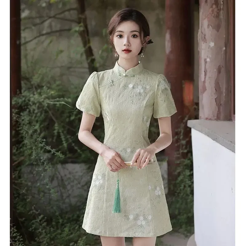 Robe courte à fleurs pour femmes, Cheongsam améliorée, Slim Vintage, Costumes de fête d\'été, Doux Qipao, Vert, S à média