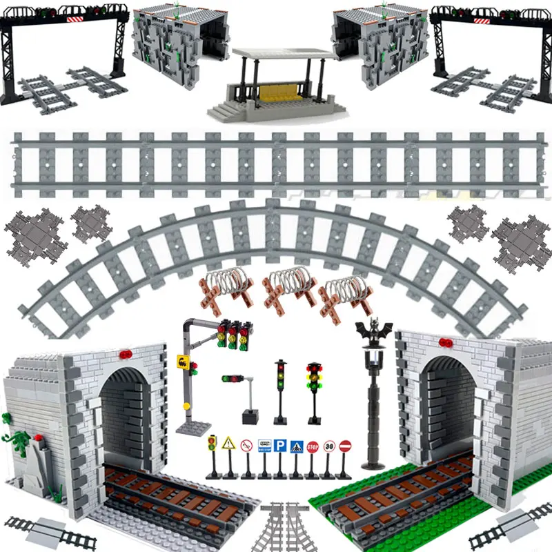 Cidade rua trem ferroviário blocos de construção macio ruved faixas retas túnel luz tráfego acessório tijolos brinquedos para crianças presentes