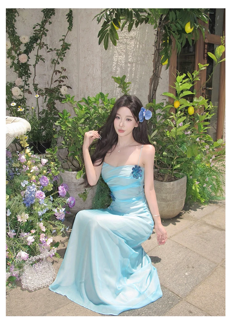 Luxus-Party-Abendkleid 2025, weibliche Mode, blauer Chiffon, sexy Schlinge, schlank, gerafft, Boho-Urlaub, Strand, langes Kleid, Robe