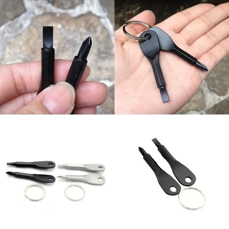 Llavero portátil de acero inoxidable de 2 piezas, llavero de cabeza plana, destornillador, Plata/Negro/Cruz + palabra