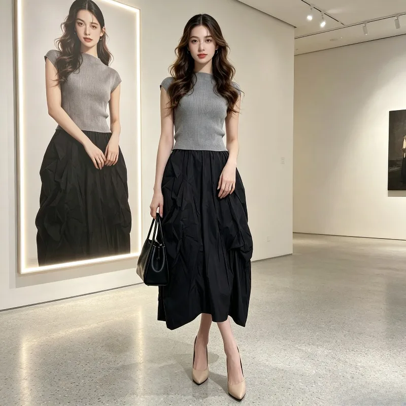 

Miyake Pleated 2026 Off-Shoulder Small Flying Sleeve Top and Pleated Skirt Two-Piece Set for Women Summer Patchwork Dress Pleat