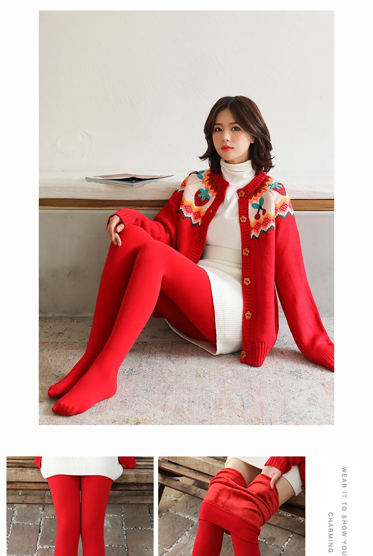 2023 neues Design Frauen rote Leggings Herbst Winter Plüsch verdickte Strumpfhosen tragen warme Hosen Benmingnian 160g 300g hohe Qualität – Detail 1