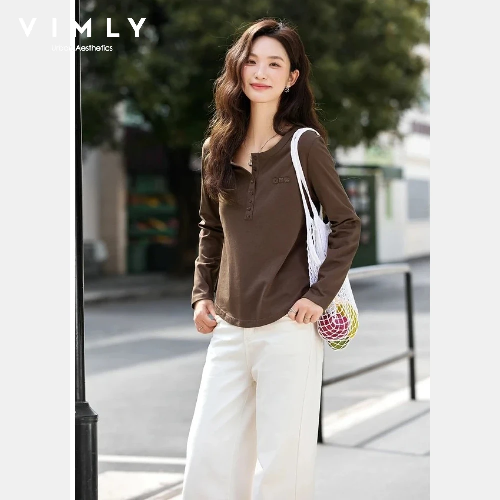 

VIMLY Women's Brown T-shirts Appliques Letter Embroider Long Sleeve Tees Casual Round Neck Autumn 2026 Knitted Ladies Tops A2033