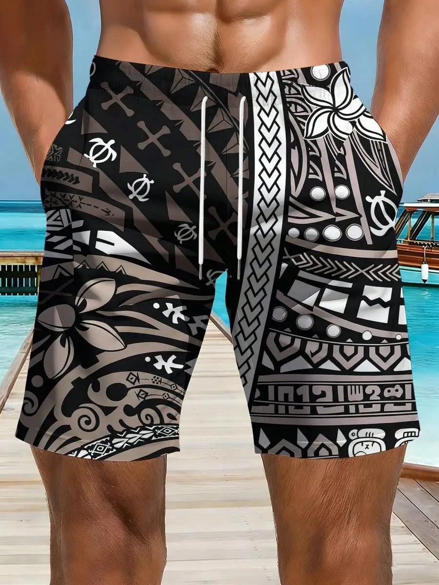 

Mens Polynesian Print Shorts Summer Beach Casual Wear