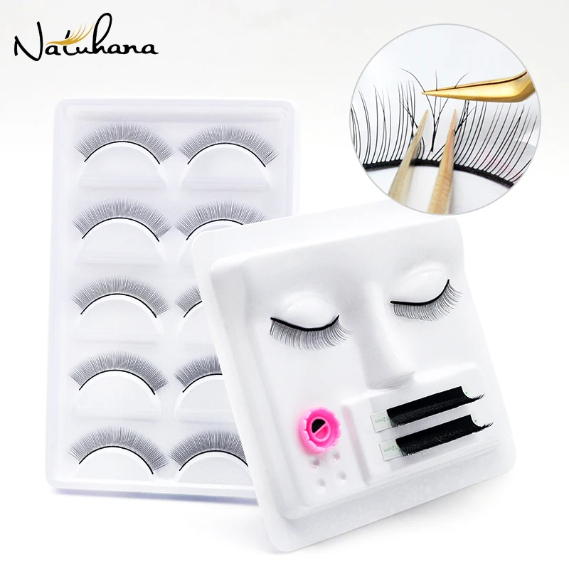 NATUHANA 3In1 Eyelash Extension Practice Tray Flat Head Eyelashes Palette Glue Gasket Lashes Holder Training Display Makeup