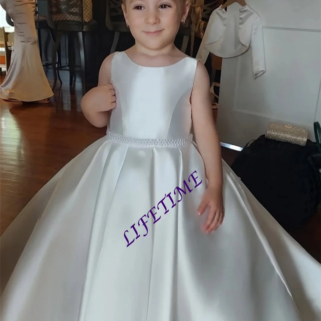 Precioso vestido rosa personalizado con flores para niña, sin mangas, de satén esponjoso con lazo para niños, boda, fiesta de cumpleaños, vestidos de baile de noche personalizados