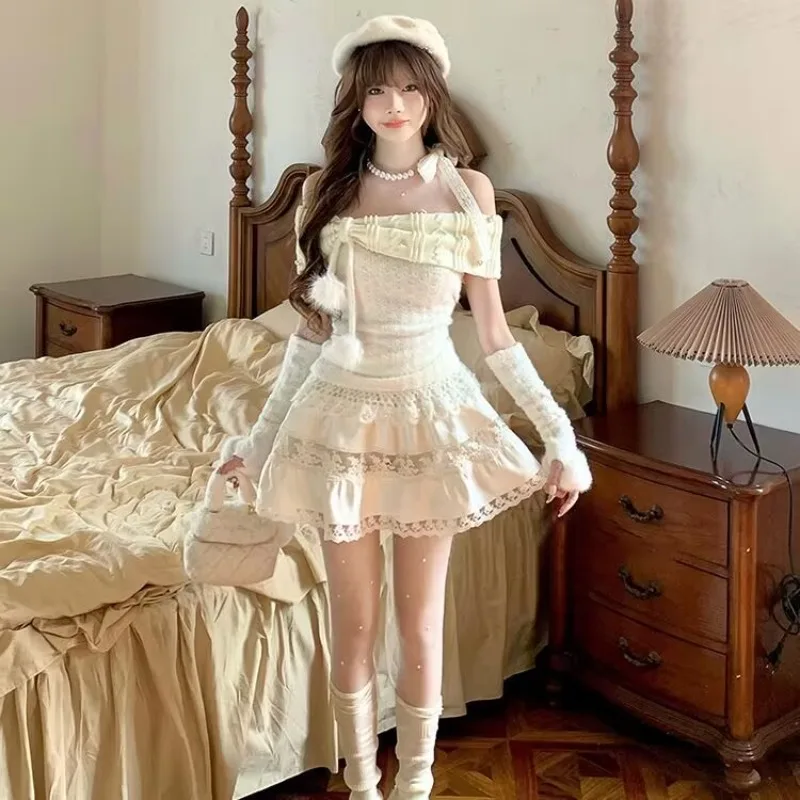 Милый комплект из 2 предметов в стиле Лолиты, женский костюм Kawaii с жемчужным разрезом на шее, тонкий топ Y2k с нарукавниками, кружевная мини-юбка, костюм, женский наряд