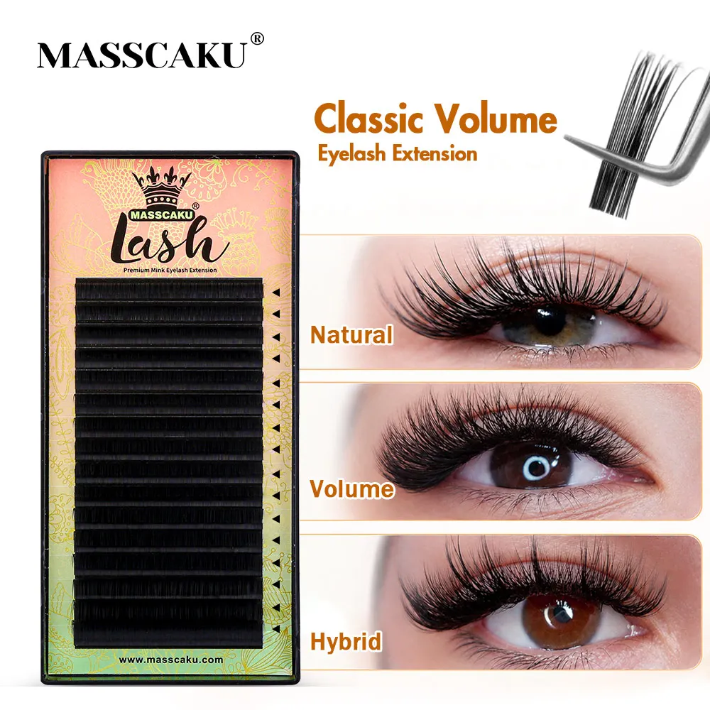 MASSCAKU Premium Classic Volume Lashes Individual Eyelash Extensions Matte Black Korea PBT Faux Mink Lash 0.07 0.10mm