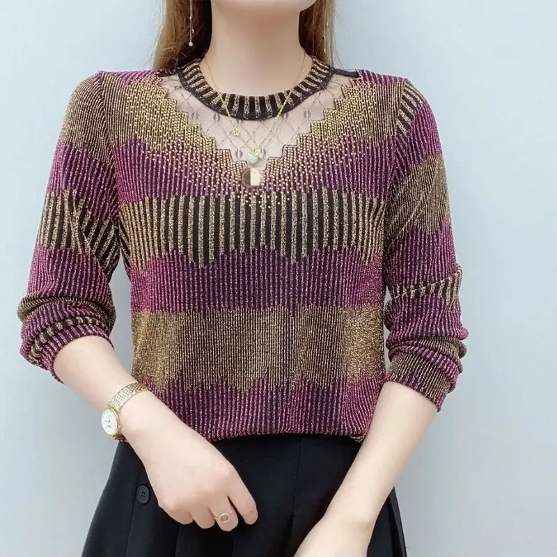 Casual Gradient Spliced Pullovers Spring Autumn Fashion Diamonds Women's Clothing Hollow Out Vintage Bright Silk O-Neck T-shirt