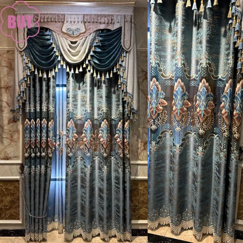 

Customized Blue Gray Embroidered Window Screen Chenille Hollowed Out Curtains for Living Room Bedroom French Window Villa Balcon