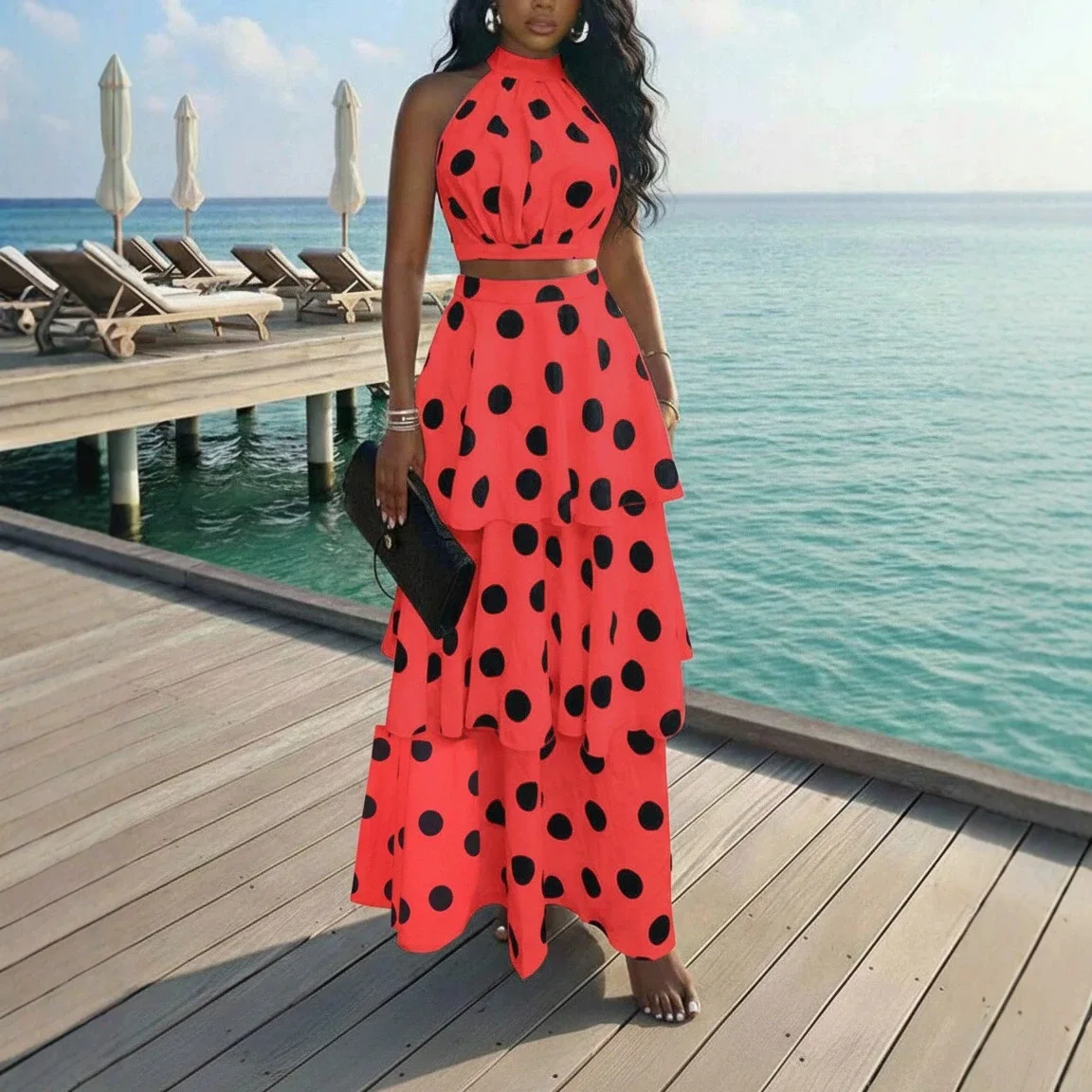Two Pieces Women Dress Sets Polka Dot Matching Sets Halter Collar Top Elastic High Waist Skirt Loose Casual Elegant 2026 Summer
