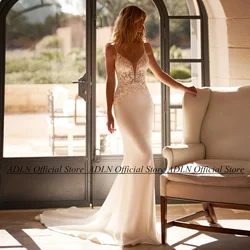 Jersey Mermaid Wedding Dress Sexy Sleeveless V Neck Sequin Applique Open Back Sweep Train Trumpet Bridal Gown for Bride 2025