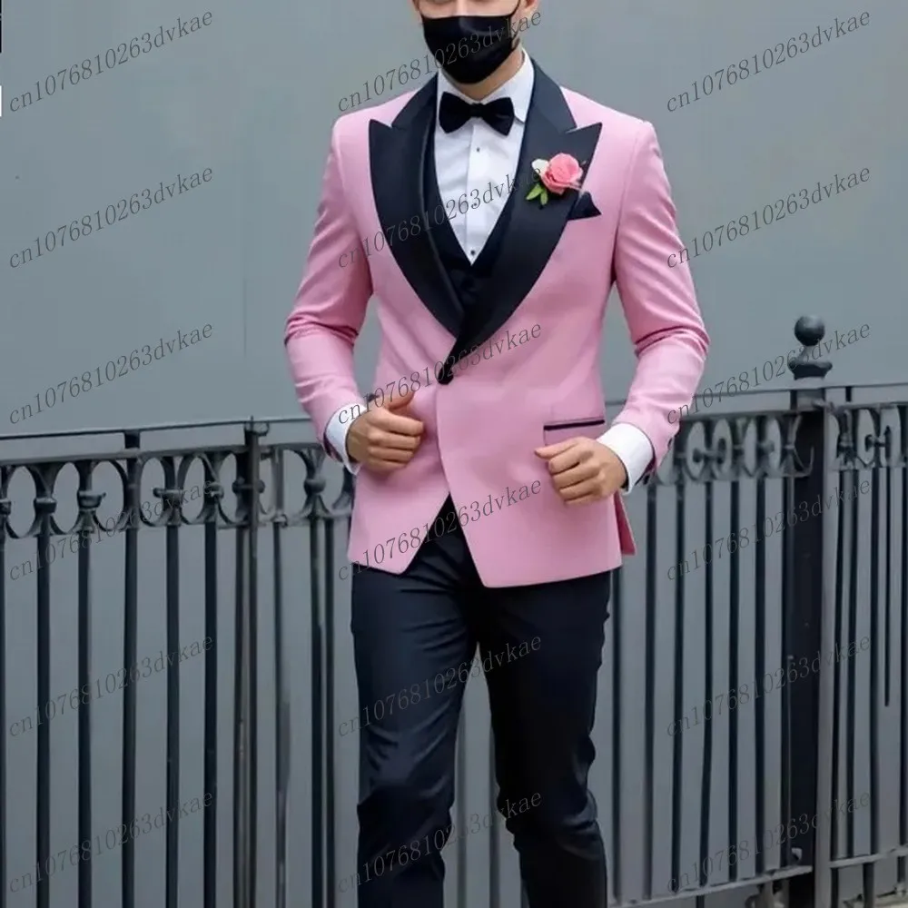 

New Pink And Black Formal Men Suit Groom Groomsman Wedding Party Prom Business Male Tuxedos 3 Piece Set Blazer Vest Pants