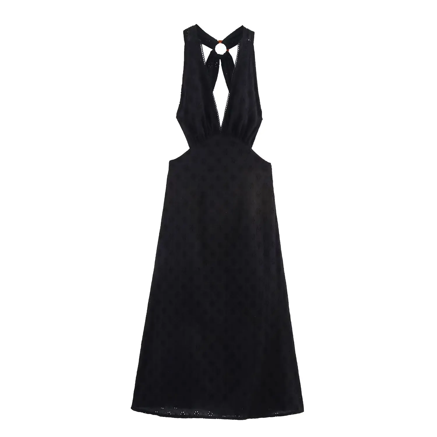 Maxdutti francês bordado oco vestido preto para mulher 2025 verão cruz sem alças midi vestidos de tanque feminino