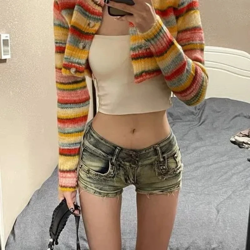 

Striped Knitted Cardigan Women's Clothing Korean Pull Femme O-neck Casual Fashion Sueter Mujer Korean Cropped Sweater