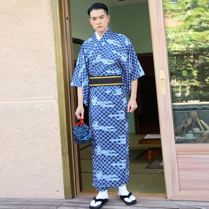 Traditional Japan Kimono Yukata Men's Dressing Gown Male Lounge Robes with Belt Summer Pajamas Anti-wrinkle Free Ironing