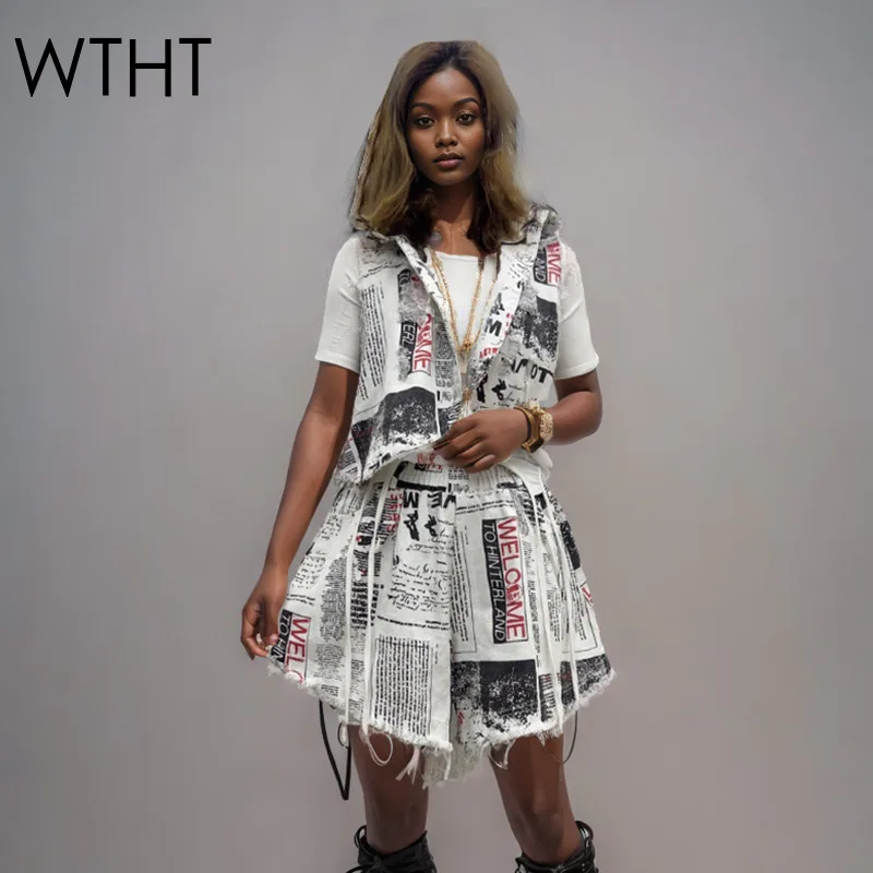 

WTHT Trendy New Women's Letter Print Plush Edge Denim Vest Elastic High Wasit Wide Leg Shorts Female 2025 Summer 1LS1662