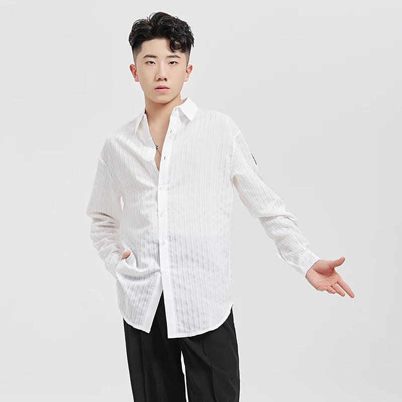 الرجال الوطنية القياسية اللاتينية الرقص قميص الكبار الذكور طويلة الأكمام شريطية قمصان قاعة الرقص ممارسة الأداء القمم BL13678