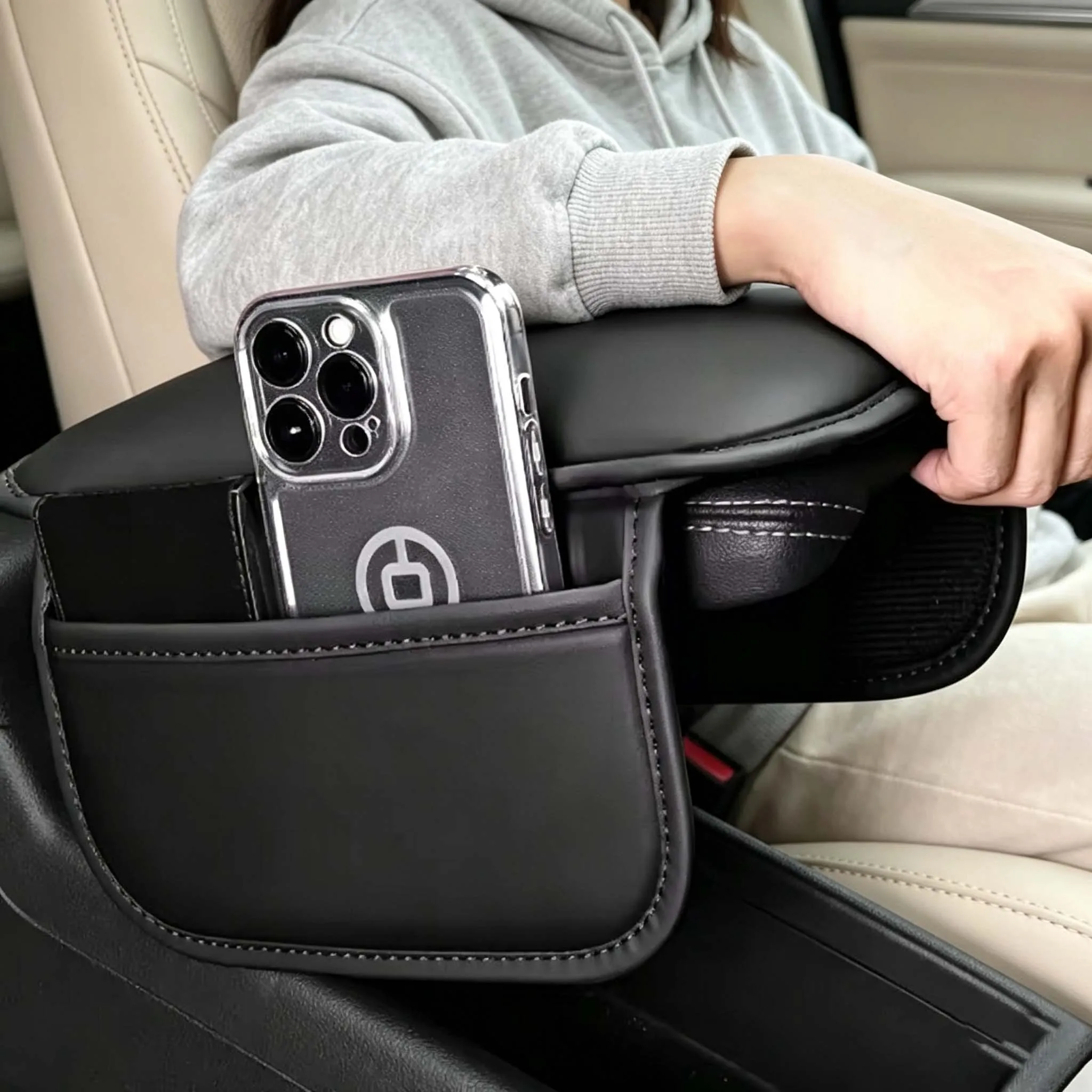 Car Center Console Armrest Cushion Cover with Side Storage Pocket PU Leather Elbow Support Pad Auto Interior Accessories