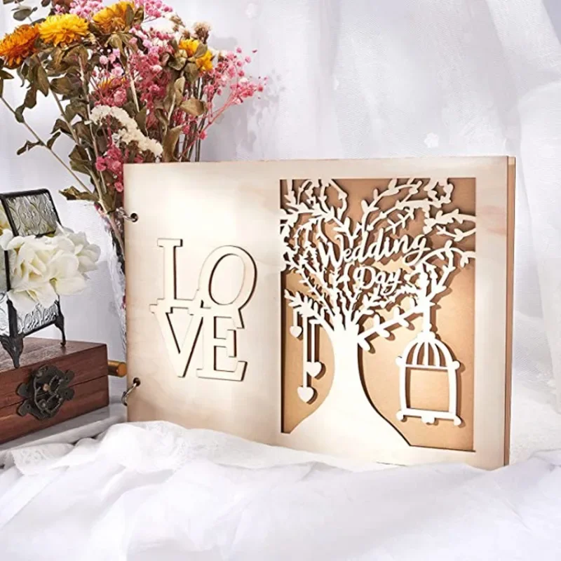 Libro de mensajes DIY de madera para boda, libro de firma creativa, álbum de fotos MR & MRS, suministros de decoración de boda, libro de letrero, 20/40 páginas