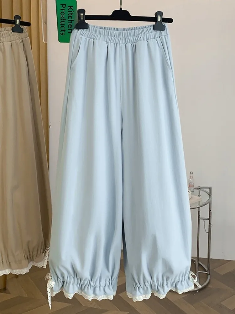 

Japanese Style Cotton Wide Leg Pants Women's Summer Design Lace Drawstring Anti-Aging Slimming Casual Lantern Pants