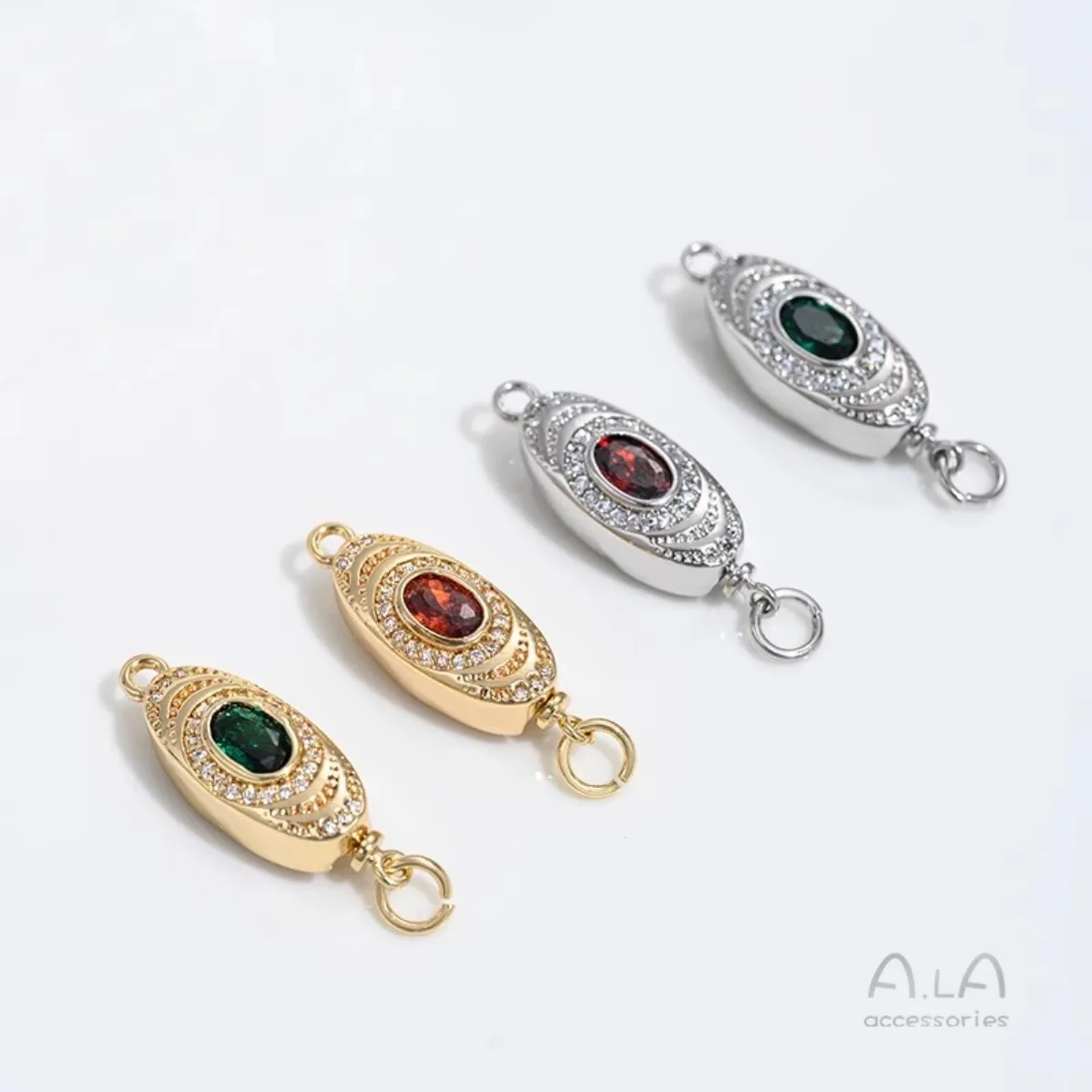 Brass 14K Gold Plated Red Green CZ Ingot Stick Clasp Universal Pearl Connector DIY Necklace Accessories