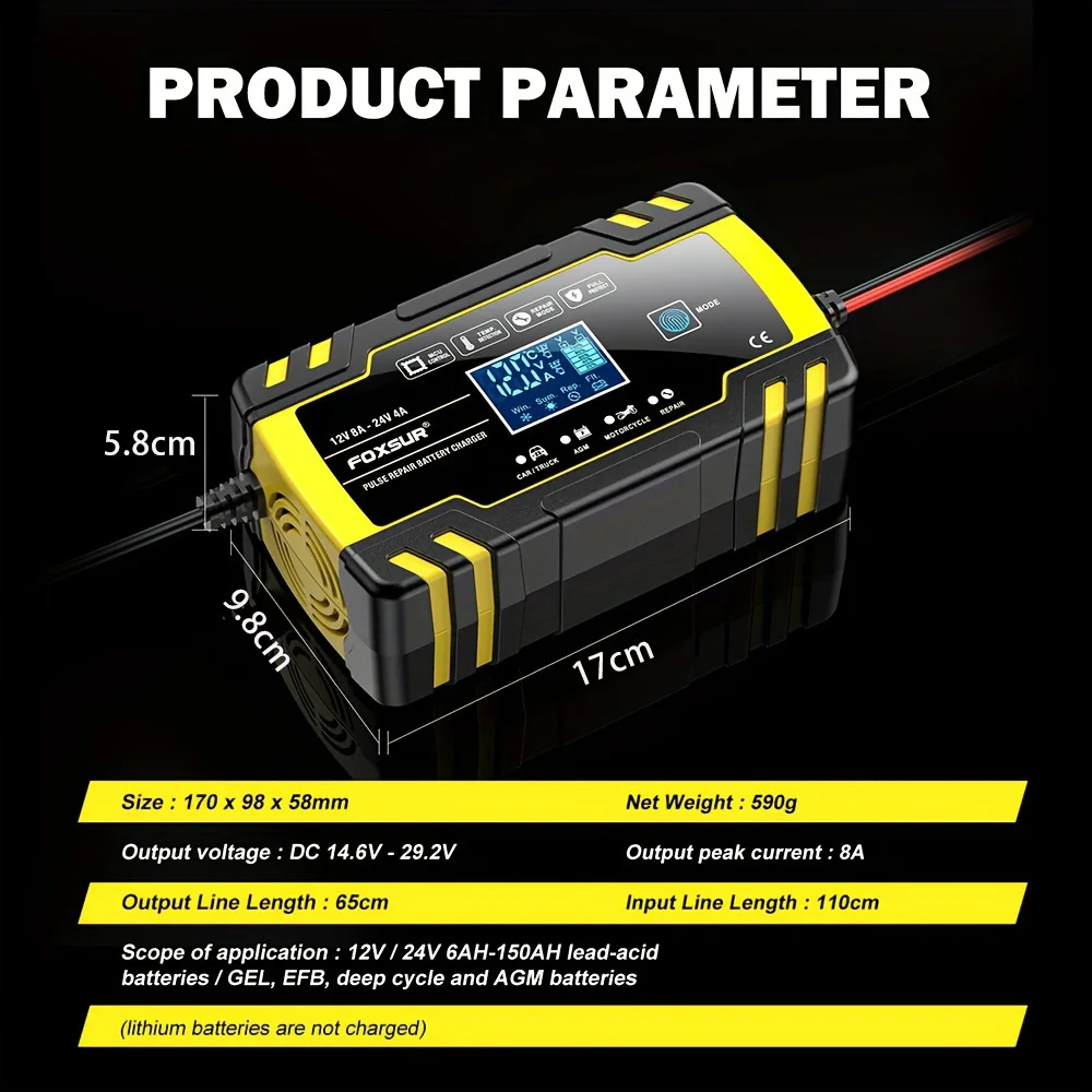 Cargador de batería inteligente para coche y motocicleta, 3 etapas, 12V, 24V, cargador de reparación de camiones, carga rápida para baterías de plomo, GEL/AGM