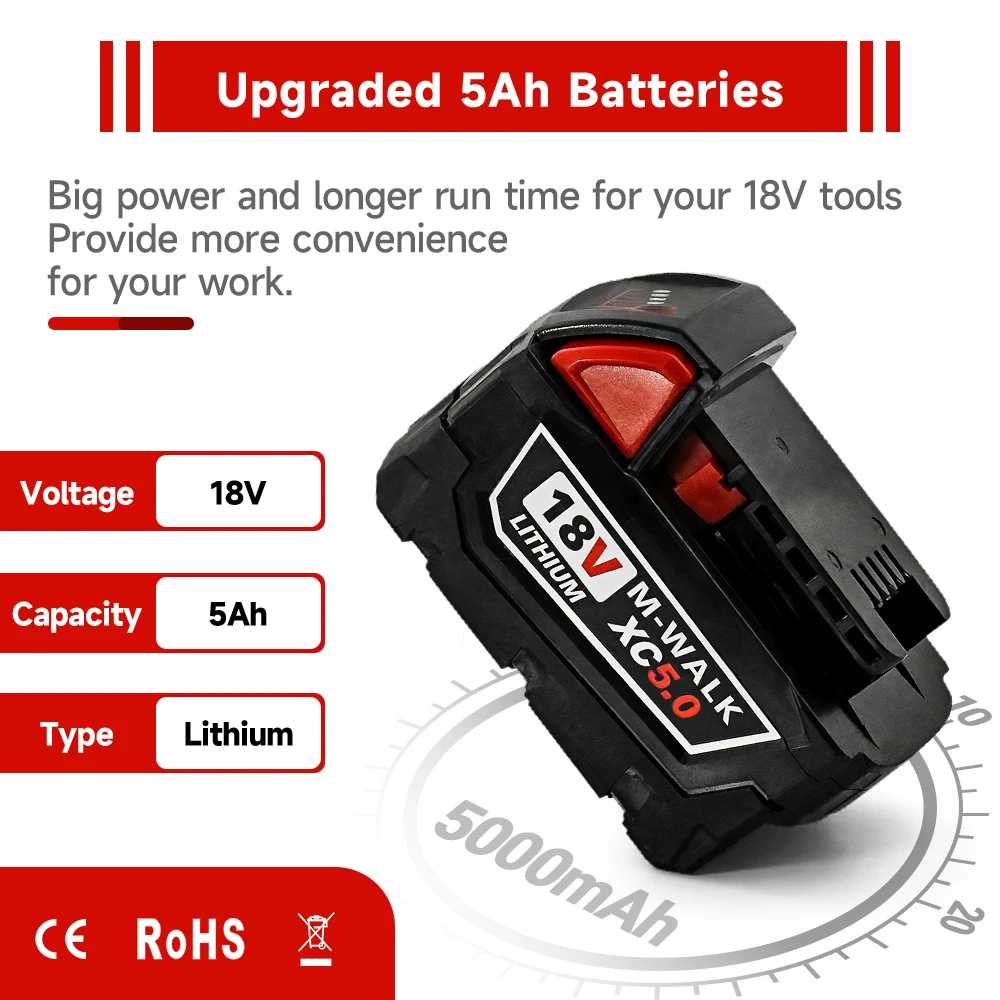 Dobíjecí lithiová baterie 18V 5000mAh s indikátorem kapacity pro Milwaukee M18 aku-pack, elektrický utahovák, vrtačku, sady elektrického nářadí - náhled 2