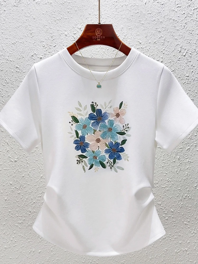 

Women's White Cotton Round Neck T-Shirt 2025 Summer Heavy Embroidery Vintage Floral Slim Fit Casual Versatile Daily Wear Top