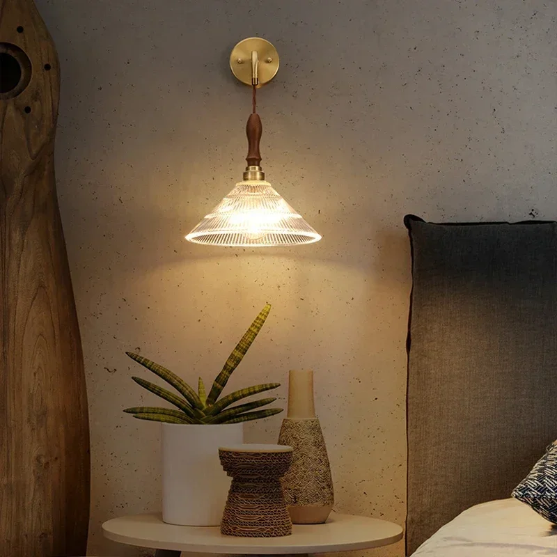 Retro Gold Glass Wall Lamp for Bedroom Bedside Aisle Mirror Light American Style LED Wall Sconces