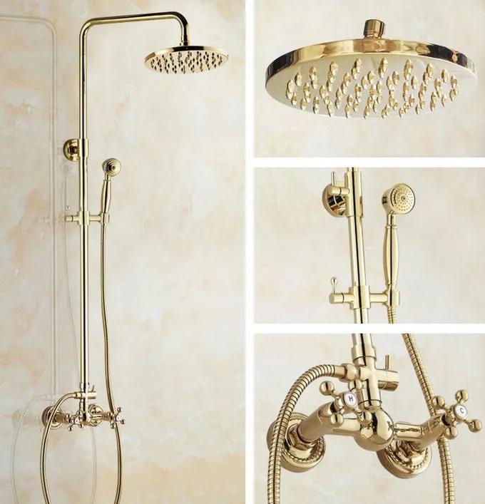 Golden Brass Double Cross Handle Bathroom Faucet Set Wall Mounted Rainfall/Handheld Shower Hot And Cold Taps Kit 2gf322