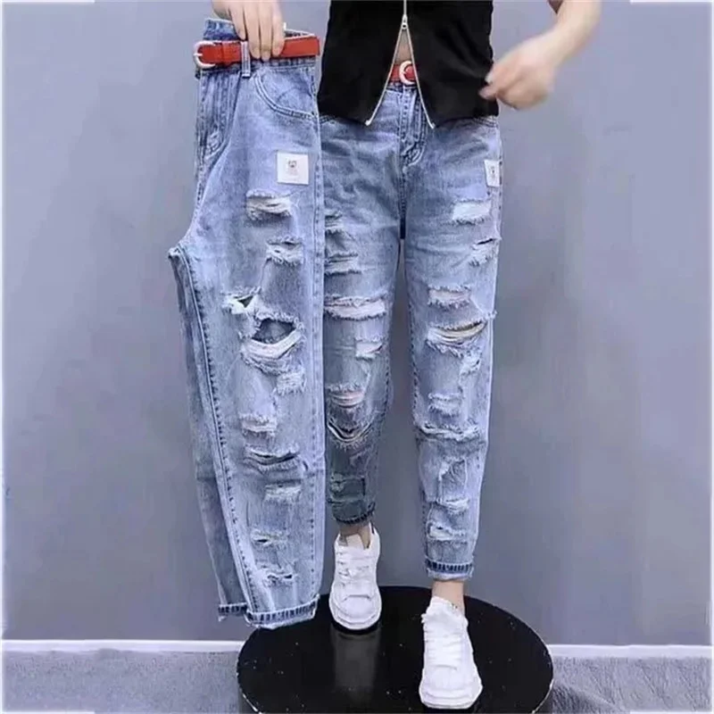 

Spring Summer New Korean Hole Jeans Women Loose High Waist Denim Pants Women Leisure Straight Nine Points Harem Cowboy Trousers