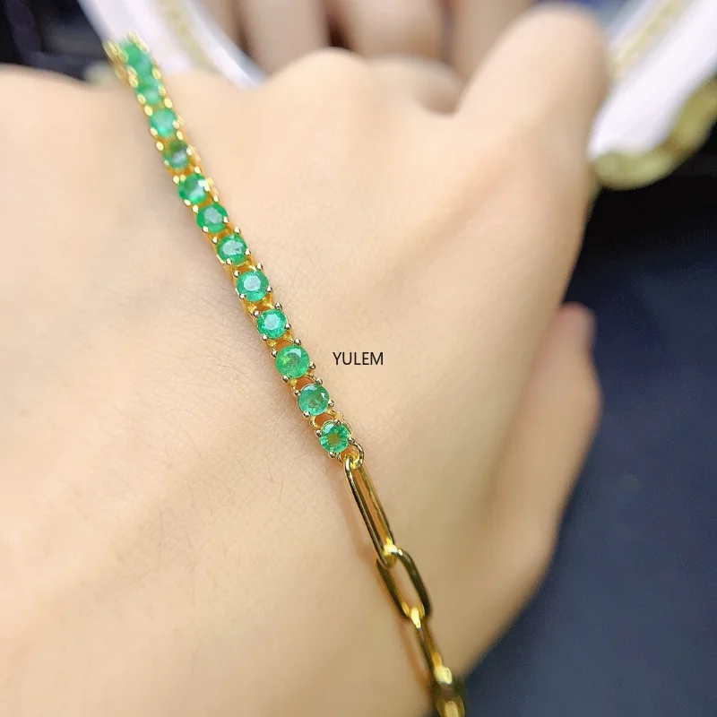 

YULEM 3MM Natural Emerald 925 Silver Bracelet Women's Emerald Green Pure Silver (925) Bracelet