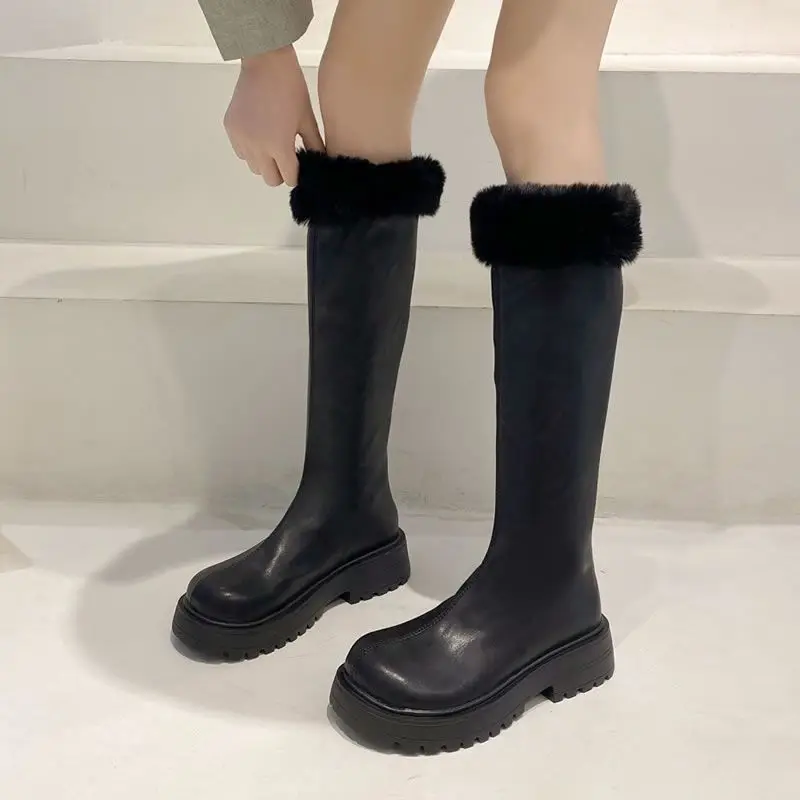 Obuwie Platforma Buty Damskie Duży Rozmiar Ciepłe Buty Dla Kobiet Zimowe Kolana Wysoki Wał Średni Obcas Długa Stylowa Oferta Pu On