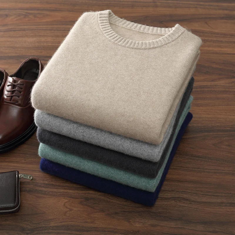 

Осень/зима, новый мужской пуловер из 100% кашемира, деловой повседневный однотонный вязаный свитер, свободные топы с круглым вырезом, толстый теплый джемпер