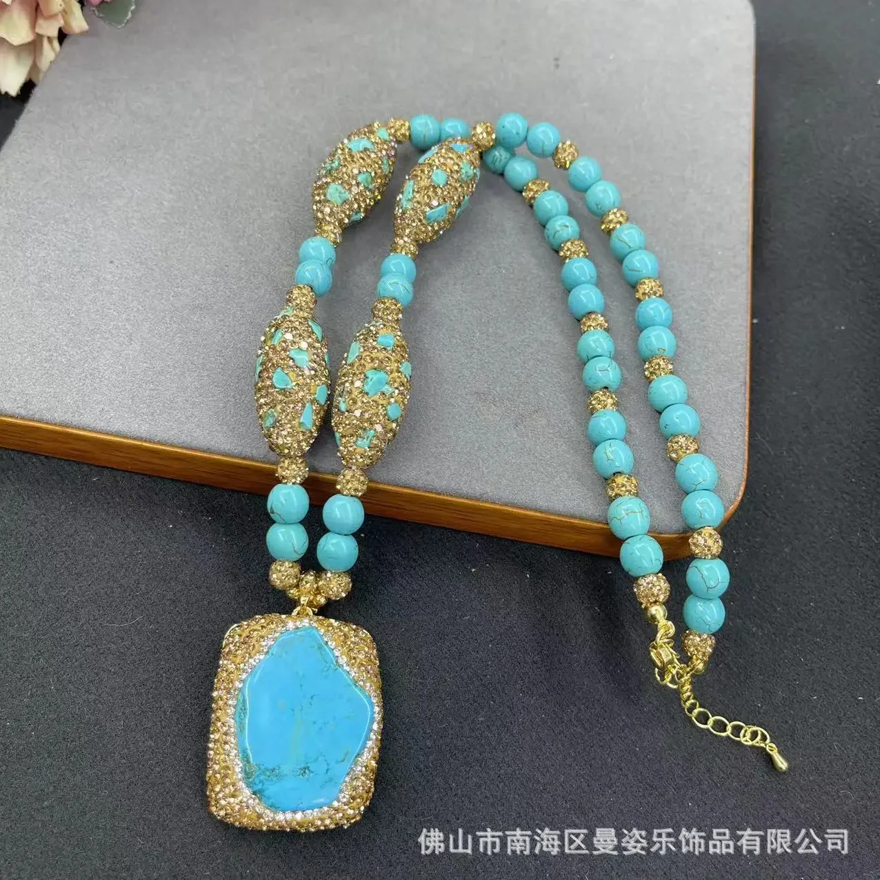 Square turquoise fashion necklace exaggerated sweater chain ethnic style original design natural stone jewelry