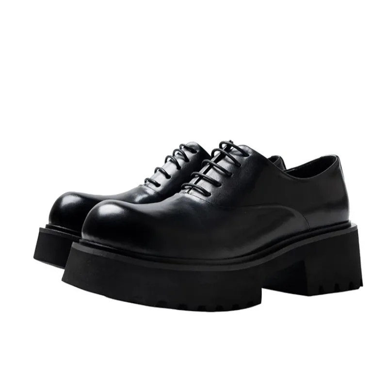 

High End Height Increasing Round Toe Thick Sole Oxford Leather Shoes Men's Black Genuine Leather Platform High Heel Derby Shoes