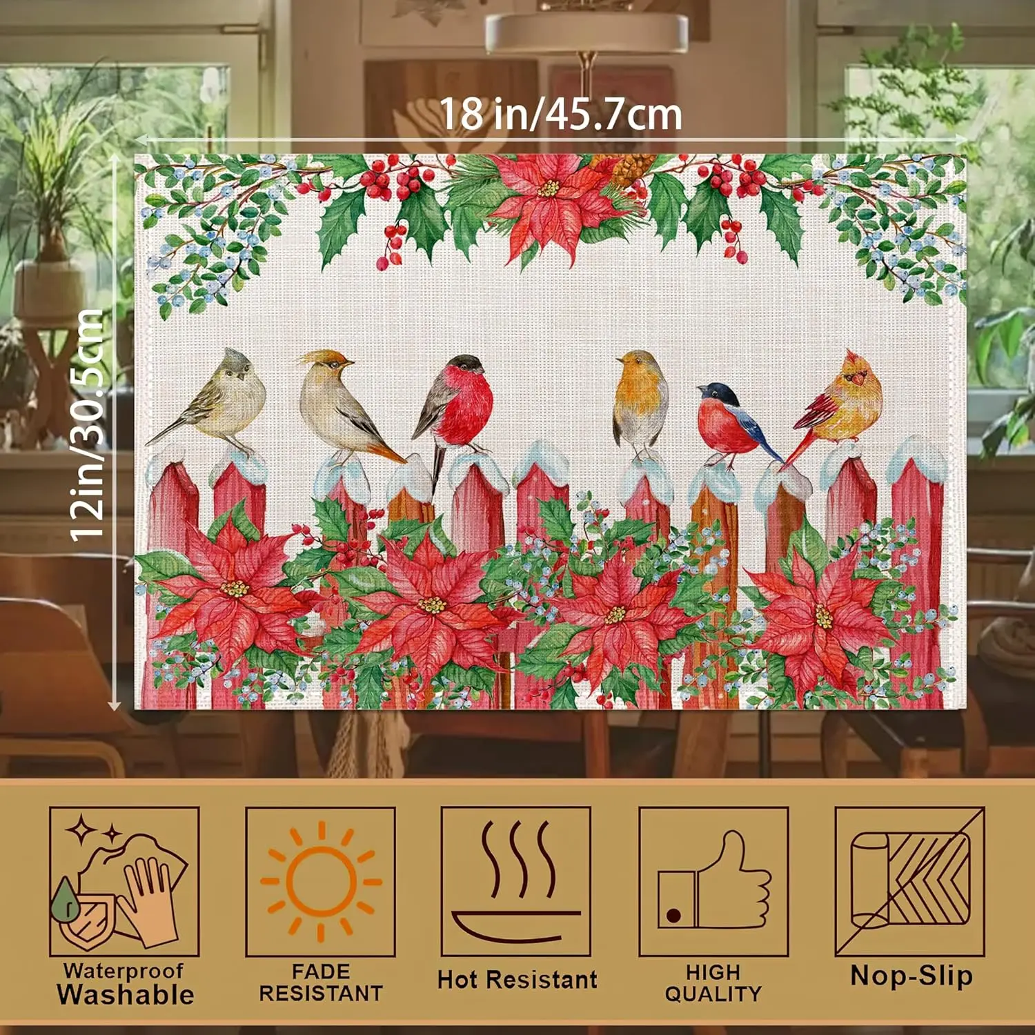

Winter Birds Christmas Placemats 12x18 Inch Waterproof Oil-Proof Washable Reusable Linen Table Mats Holiday Party Kitchen Decor