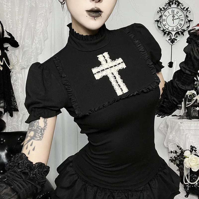 Vintage Gothic Dark Style Cross-Body T-Shirt for Women - 2026 New Halloween Streetwear Women's Top