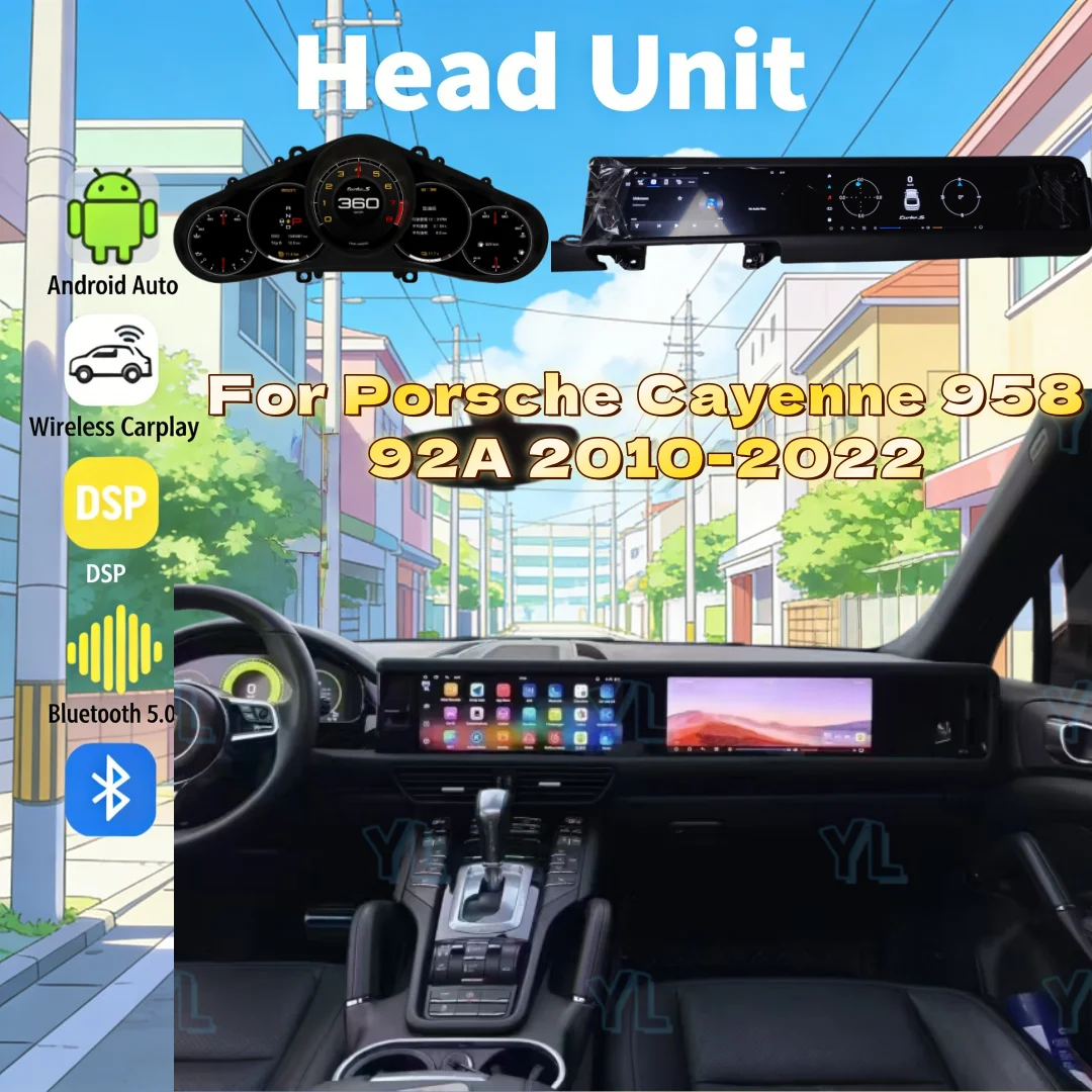 

Сенсорный экран для Porsche Cayenne 2010-2023, Android 14, двухэкранный мультимедийный проигрыватель с CarPlay, GPS-навигацией и стереосистемой