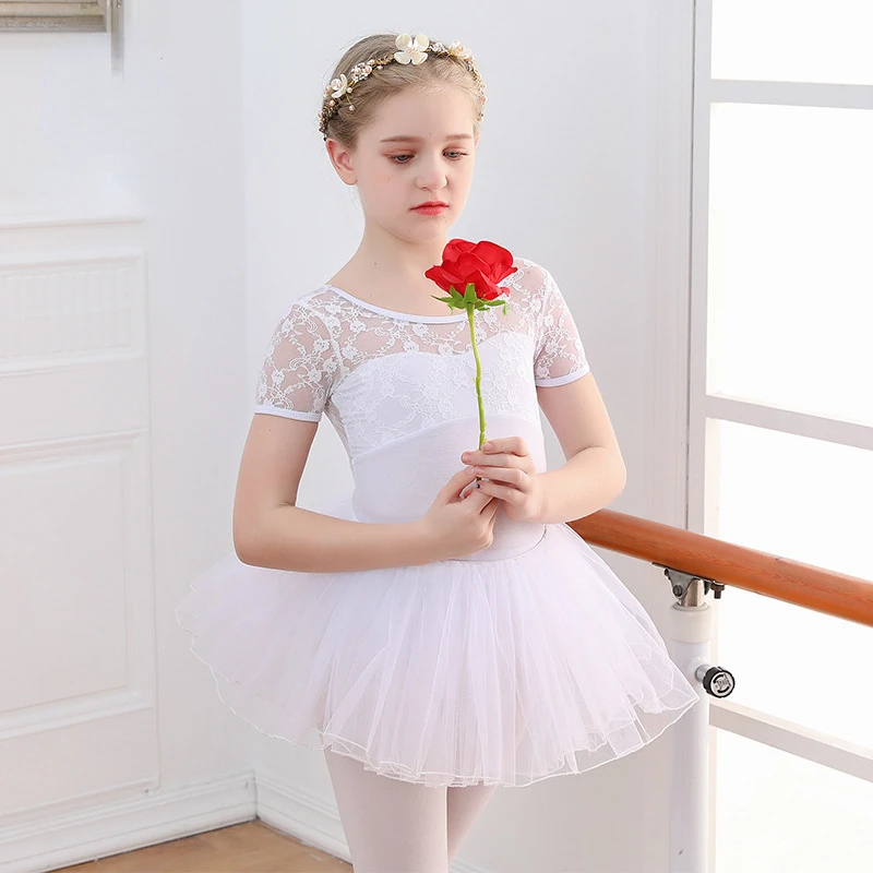 Cute Girls Dance Ballet Sets Lace Leotard Tutu Summer Child Short Sleeve Bodysuit Skirts for Dancewear Performance